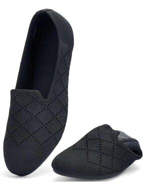 Women's Black Ballet Flat Knit Round Toe Textile Slip On Walking Shoes